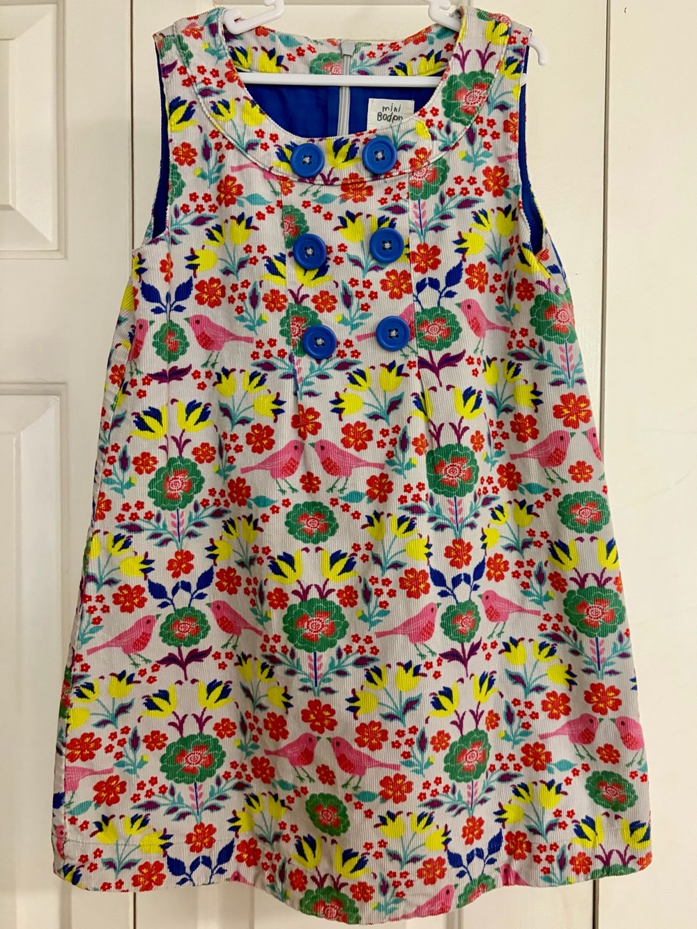 Mini Boden Girls' Floral Bird Print Sleeveless corduroy pinnie dress